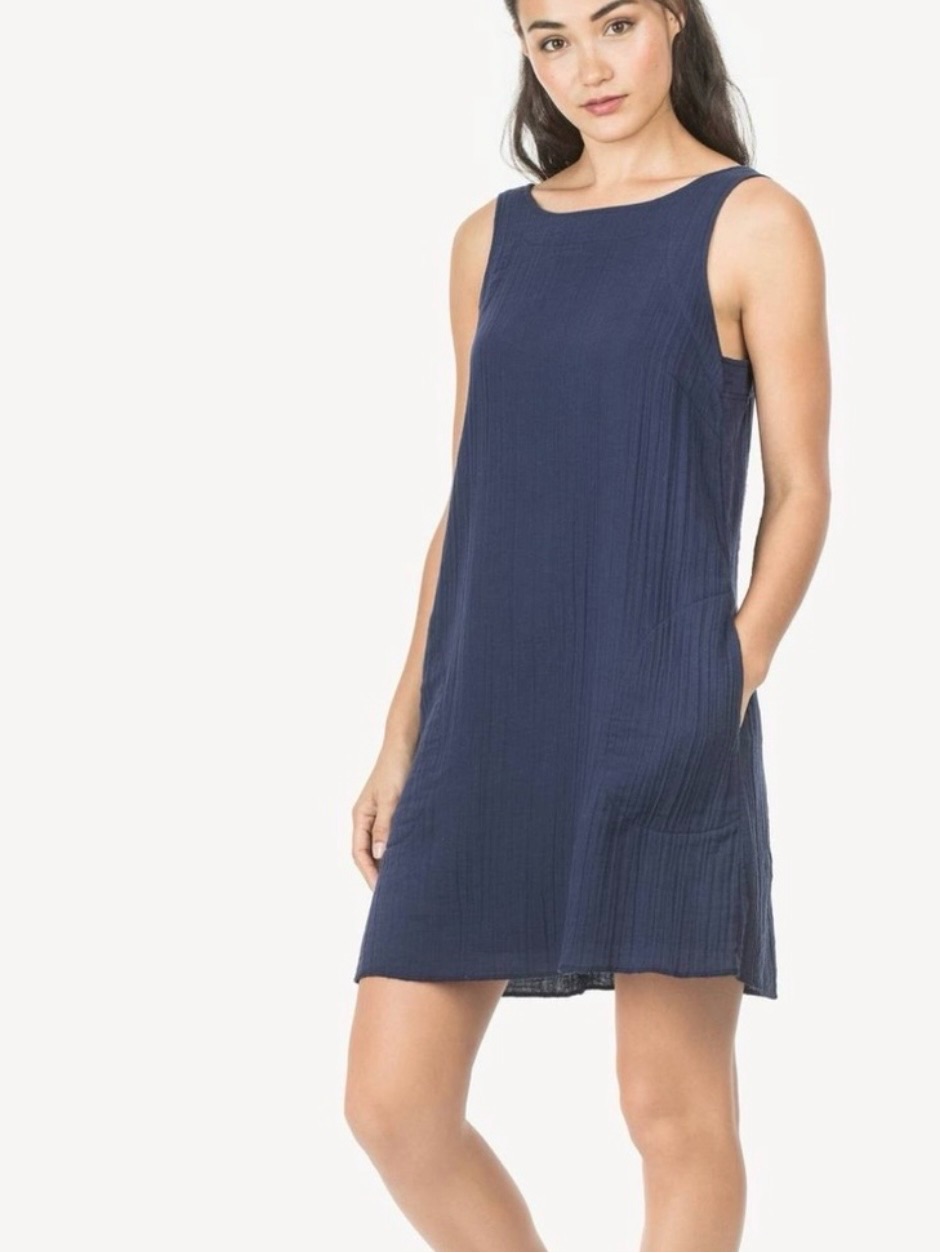 Lilla P Cotton Gauze Textured Sleeveless Navy Dress Size M Boho Minimalist